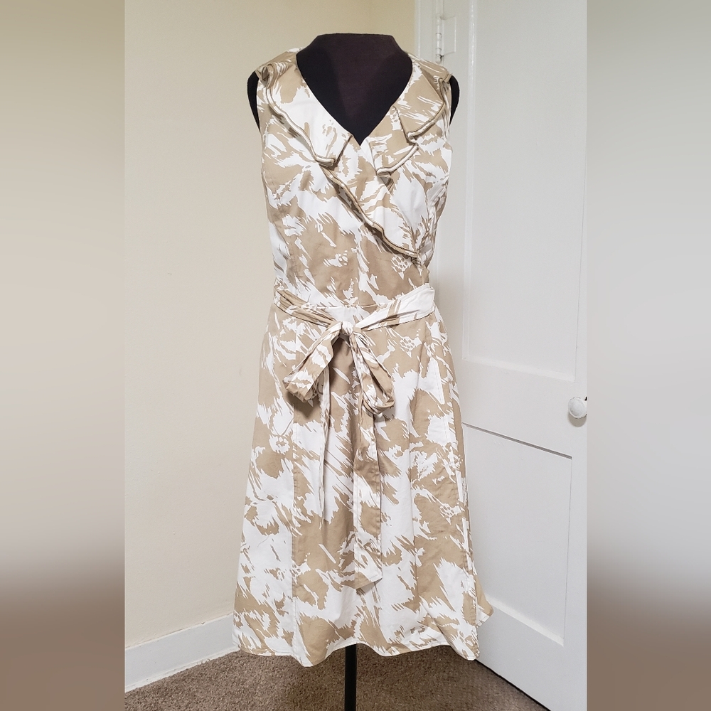 Tan and White A-Line Cowl Neck Dress - Ann Taylor - Size 18